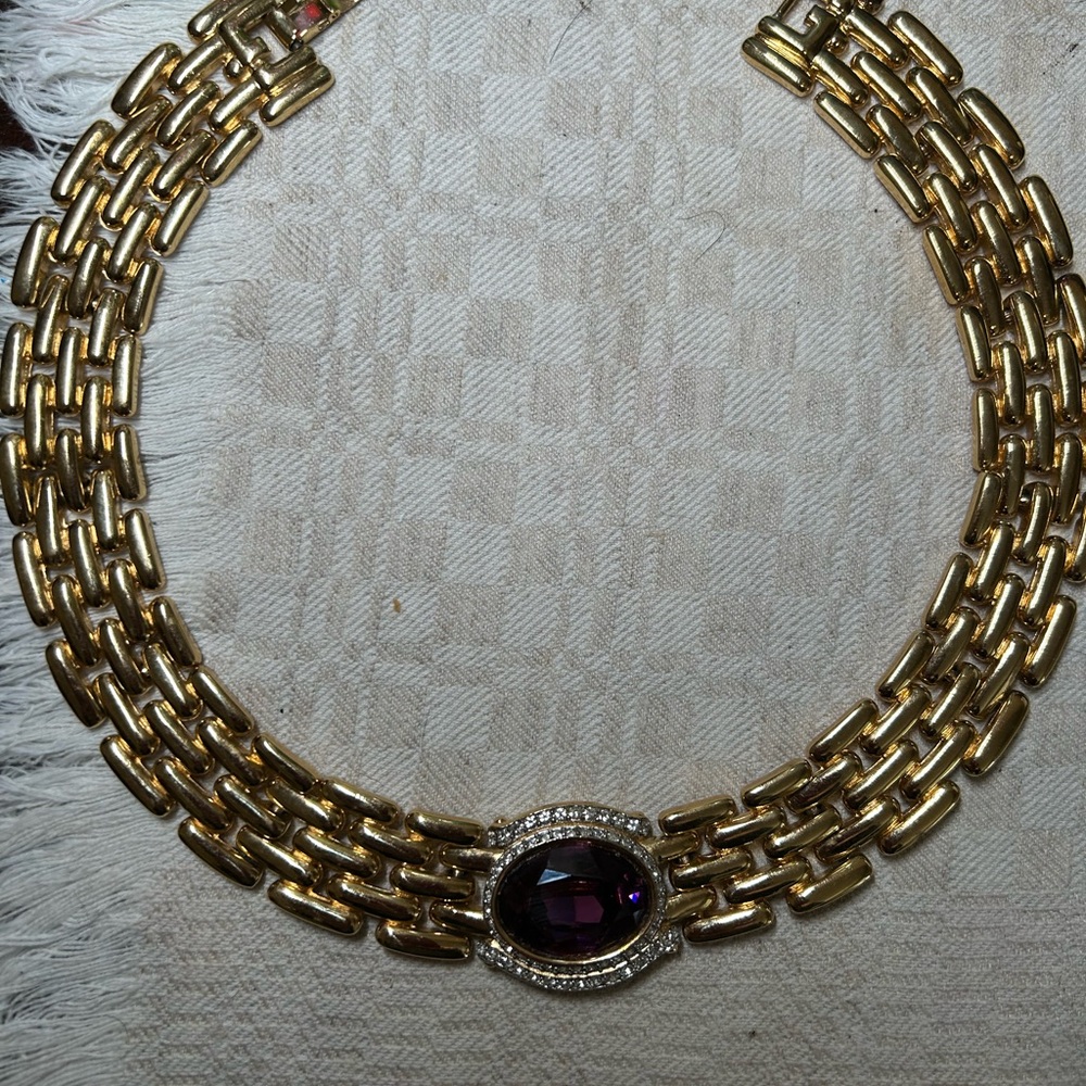 Vintage 1980’s costume Givenchy Gold Necklace with Purple paste stone and pave
